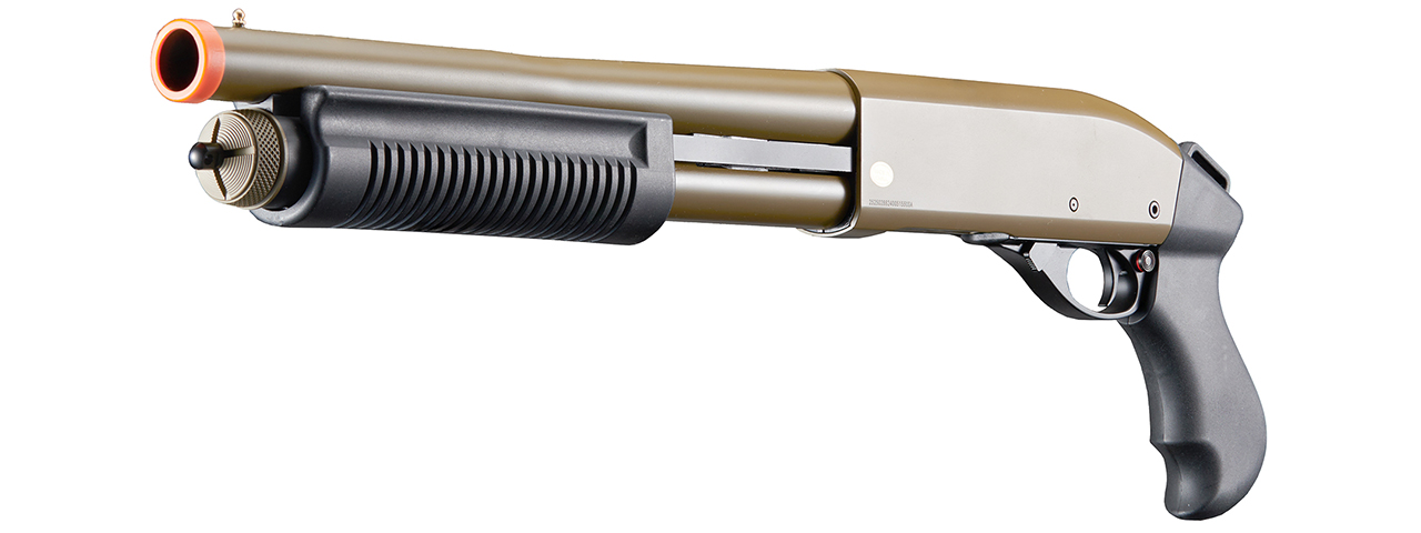 Golden Eagle M8881 3/6-Shot Pump Action Gas Airsoft Sawed-Off Shotgun - (Tan) - Click Image to Close