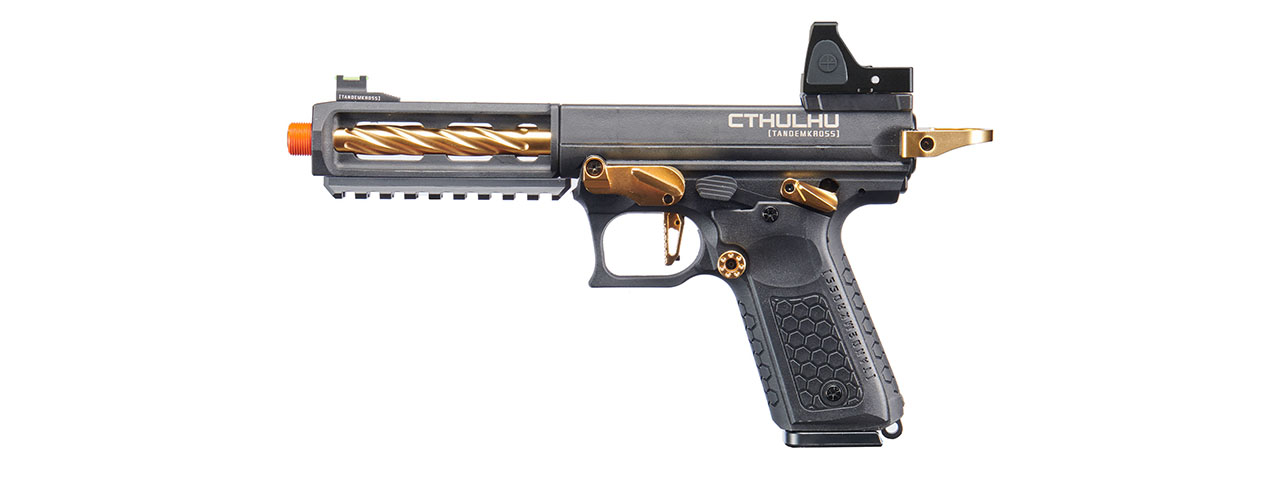 Lancer Tactical x Tandemkross CTHULHU Gas Blow Back Pistol w/ Red Dot Reflex Sight - (Black/Gold) - Click Image to Close