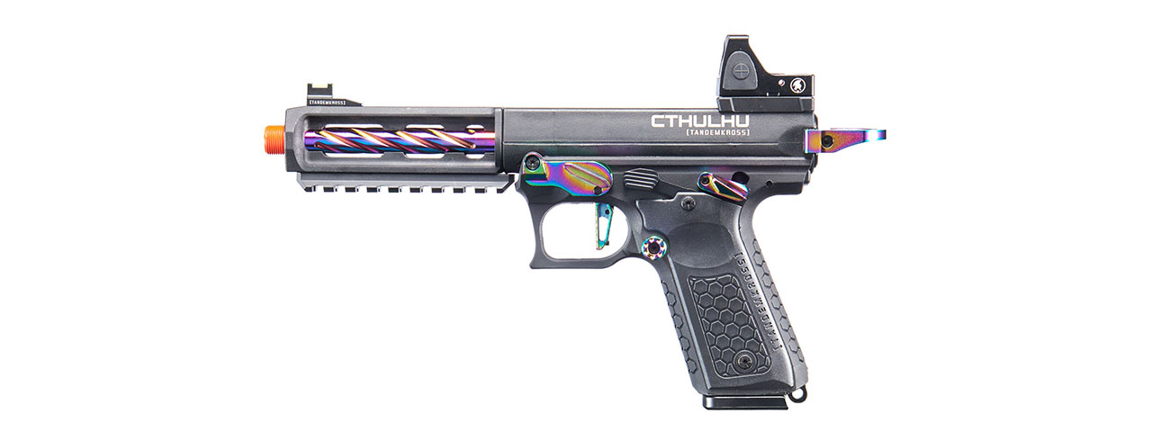 Lancer Tactical x Tandemkross CTHULHU Gas Blow Back Pistol w/ Red Dot Reflex Sight - (Black/Titanium) - Click Image to Close
