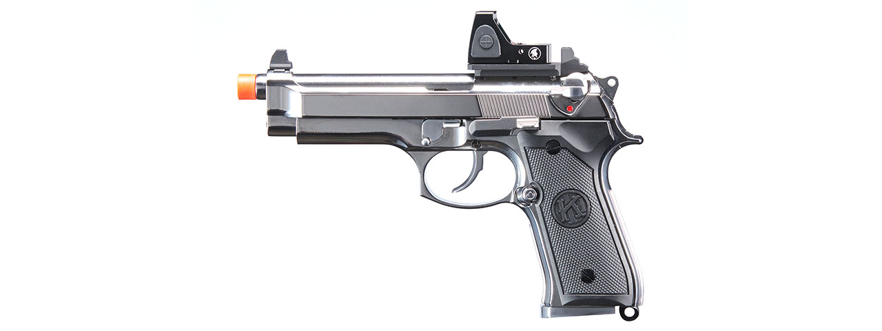 KLI KL-92 Platinum 6mm Dual Power CO2/Gas Blowback Airsoft Pistol Red Dot Combo - (Platinum) - Click Image to Close