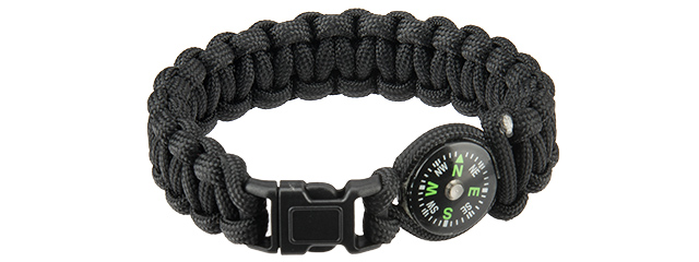 CA-5037 9" PARACORD BRACELET, SMALL BUCKLE W/ COMPASS (BLACK)