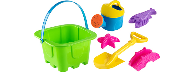 Colorful Sandy Beach Toy Set w/ Bucket, Shovel and Sand Molds