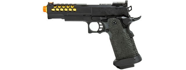 Golden Eagle 3339 OTS .45 Hi-Capa Gas Blowback Pistol w/ Hive Vented Slide & Standard Grip Stippling (Color: Black / Gold Barrel)