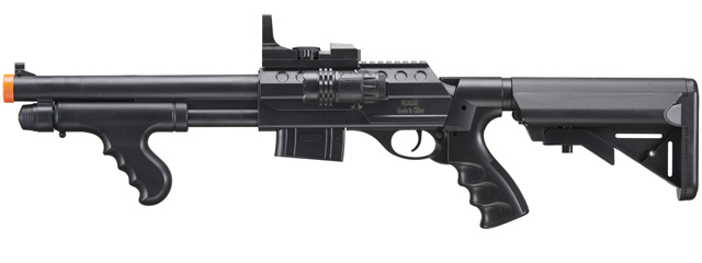 UK Arms Spring M0681D Spring Powered Pump Action Shotgun w/ Red Dot Sight, Flashlight, and Stock (Color: Black)