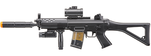 M82P AEG Plastic Gear SG w/Flashlight, Laser, Red Dot Scope, Silencer, Vertical Grip & Side Folding stock