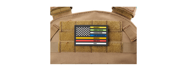 US Flag with Security, Armed Forces, Corrections, Law Enforcement, Dispatch, Fire Dept, & EMS PVC Morale Patch