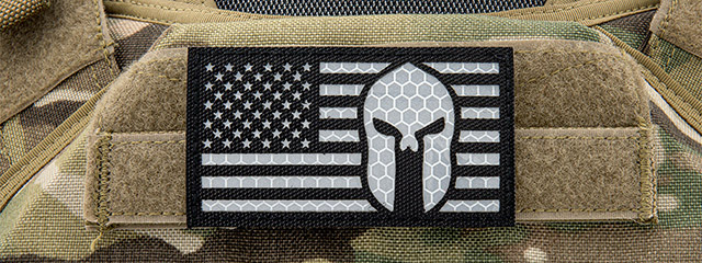 Reflective Fabric US Flag w/ Spartan Molon Labe (Color: White) - Click Image to Close