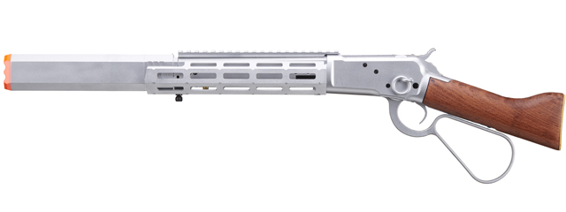 Atlas Custom Works M1873 "Mares Leg" Lever Action Airsoft Green Gas Rifle w/ M-LOK Rail and Suppressor (Color: Silver)