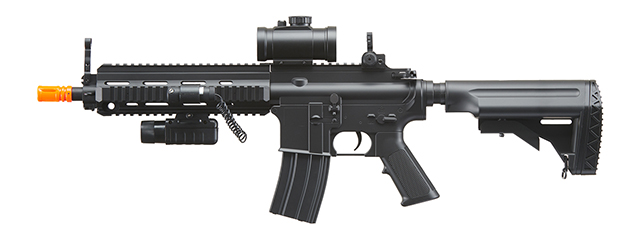 Double Eagle M804A2 AEG Plastic Gear MK416 RIS Retractable Stock, Red Dot Scope, Flashlight & Laser w/ Pressure Switch