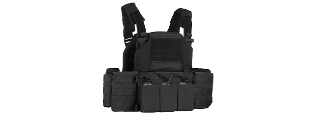 Tactical Chest Plate Carrier with Triple MOLLE Magazine Hunting Vest Front and Airsoft Gear Back Bag - (Black)