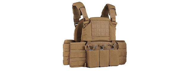 Tactical Chest Plate Carrier with Triple MOLLE Magazine Hunting Vest Front and Airsoft Gear Back Bag - (Tan)