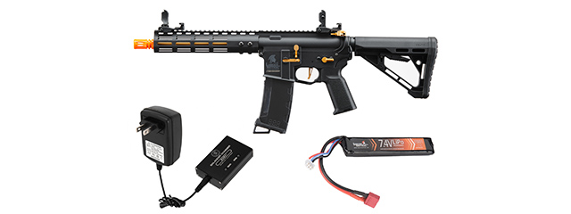 Lancer Tactical Gen 3 Archon 9" M-LOK M4 Airsoft Rifle w/ Delta Stock w/ Battery/Charger Bundle - (Black/Gold)