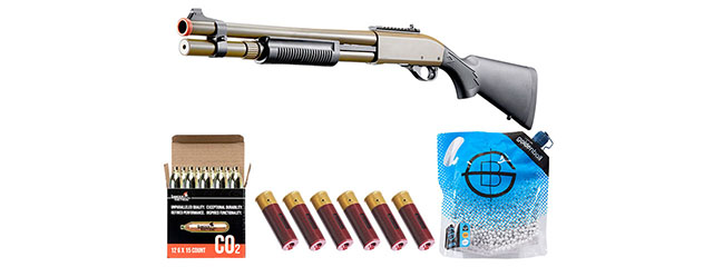 Golden Eagle M870 3/6-Shot Pump Action CO2 Airsoft Shotgun w/ Mock Shell Tube & Ghost Ring Iron Sights - Shell/CO2 Combo - (Tan)
