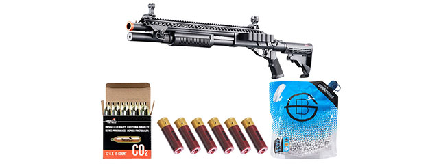 Golden Eagle M8874 3/6-Shot Pump Action CO2 Airsoft Shotgun w/ Flip Up Sights, Picatinny Rail & M4 Crane Stock - Shell/CO2 Combo - (Black)