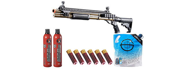 Golden Eagle M8874 3/6-Shot Pump Action Gas Airsoft Shotgun w/ Flip Up Sights, Picatinny Rail & M4 Crane Stock - Shell/Green Gas Combo - (Tan)