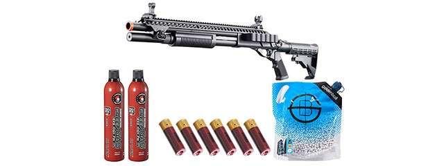 Golden Eagle M8874 3/6-Shot Pump Action Gas Airsoft Shotgun w/ Flip Up Sights, Picatinny Rail & M4 Crane Stock - Shell/Green Gas Combo - (Black)