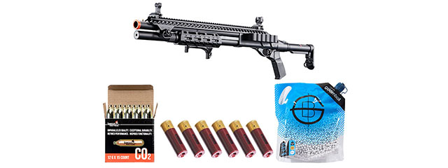 Golden Eagle M8875 3/6-Shot Pump Action CO2 Airsoft Shotgun w/ Flip Up Sights, M-LOK, Picatinny Rail & M4 Buffer Stock - Shell/CO2 Combo - (Black)