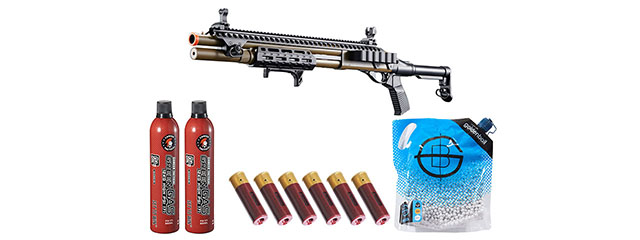 Golden Eagle M8875 3/6-Shot Pump Action Gas Airsoft Shotgun w/ Flip Up Sights, M-LOK, Picatinny Rail & M4 Buffer Stock - Shell/Green Gas Combo - (Tan)