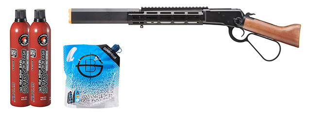 Atlas Custom Works M1873 "Mares Leg" Lever Action Airsoft Green Gas Rifle W/ M-LOK Rail And Suppressor - Green Gas Combo - (Black)