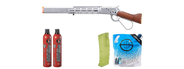 Atlas Custom Works M1873 "Mares Leg" Lever Action Airsoft Green Gas Rifle w/ M-LOK Rail and Suppressor Ammo/Green Gas Combo (Color: Silver)