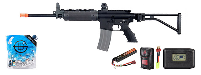 Atlas Custom Works M4 Gr-300 Long Version Airsoft Aeg Rifle W/ Folding Stock - Battery/Adapter/Charger Combo - (Black)