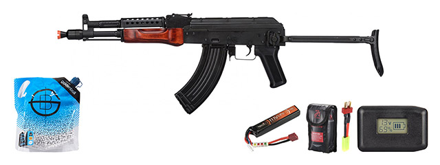 LCT MG MS AEG LCT Airsoft Stamped Steel Ak-74 W/ Fold Stock - Battery/Adapter/Charger Combo - (Black / Wood)