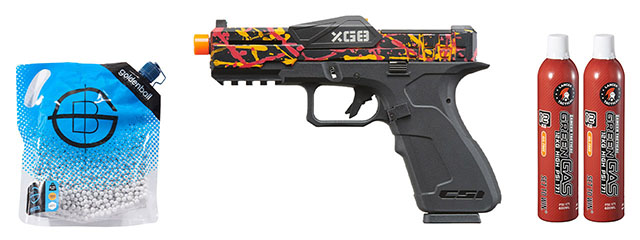 Poseidon CSI XG8 Gas Blow Back Aluminum Pistol - Green Gas Combo - (Red/orange/black Splash Anodized)