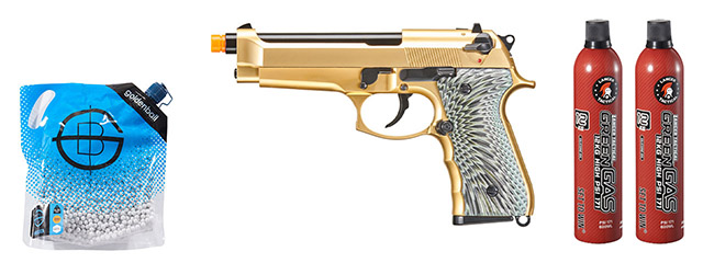 WE-Tech New System M92 Eagle Full Auto Airsoft Gas Blowback Pistol - (Gold) Green Gas Combo