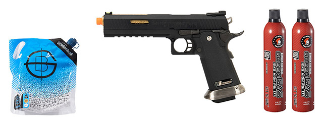 WE Tech 1911 Hi-Capa T-Rex Competition Gas Blowback Airsoft Pistol w/ Sight Mount & Top Ports - (Black/Gold) Green Gas Combo