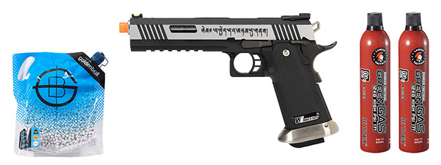 WE Tech 1911 Hi-Capa T-Rex Competition Gas Blowback Airsoft Pistol w/ Sight Mount & Top Ports - (2-Tone/Silver) Green Gas Combo