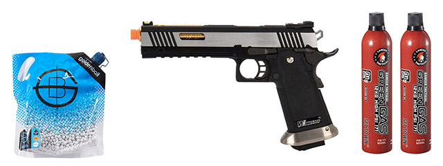 WE-Tech Hi-Capa 6" IREX Competition Full Auto Gas Blowback Airsoft Pistol - (Black/Silver/Gold Barrel) Green Gas Combo