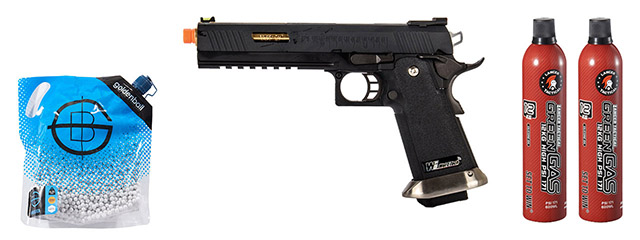 WE-Tech Hi-Capa 6" IREX Full Auto Competition Pistol - (Black/Gold Barrel/With Markings) Green Gas Combo