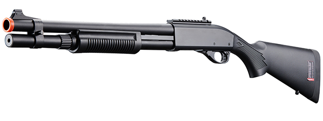Golden Eagle M870 3/6-Shot Pump Action Gas Airsoft Shotgun w/ Mock Shell Tube & Ghost Ring Iron Sights - (Black)