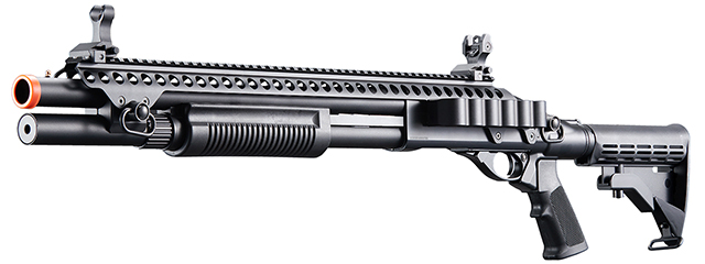 Golden Eagle M8874 3/6-Shot Pump Action Gas Airsoft Shotgun w/ Flip Up Sights, Picatinny Rail & M4 Crane Stock - (Black)