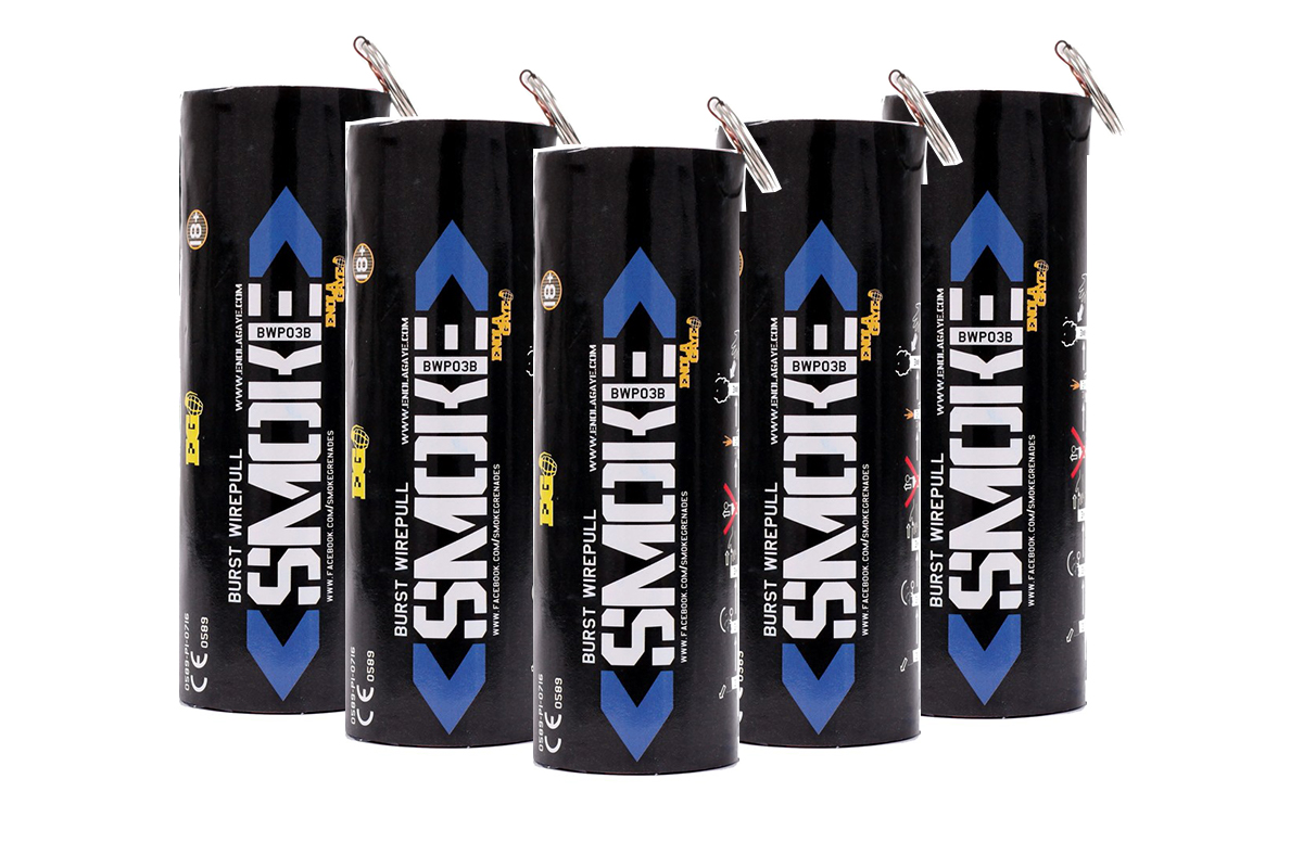 Enola Gaye Pack of 5 Twin Vent Burst High Output Airsoft Wire Pull Smoke Grenade (Color: Blue) - Click Image to Close