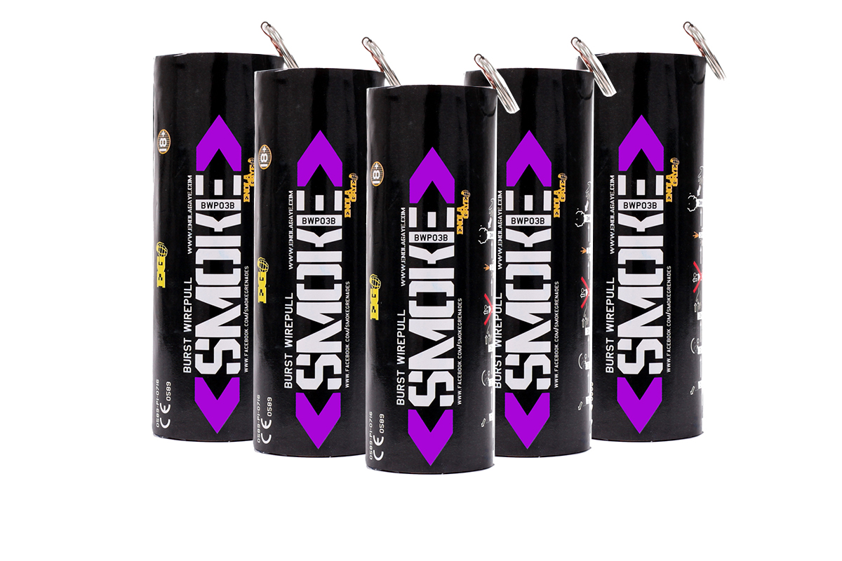Enola Gaye Pack of 5 Twin Vent Burst High Output Airsoft Wire Pull Smoke Grenade (Color: Purple) - Click Image to Close