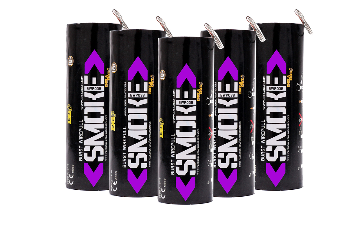 Enola Gaye Pack of 5 Twin Vent Burst High Output Airsoft Wire Pull Smoke Grenade (Color: Purple)