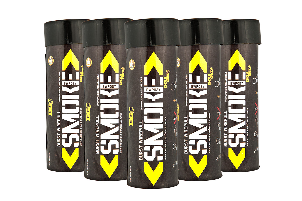 Enola Gaye Pack of 5 Twin Vent Burst High Output Airsoft Wire Pull Smoke Grenade (Color: Yellow)