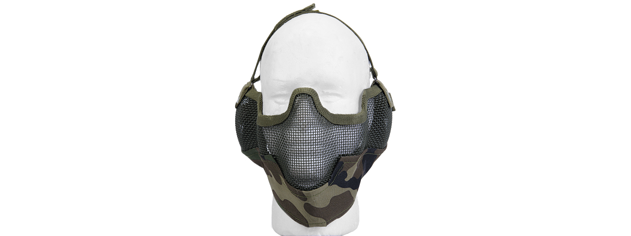 AC-108W METAL MESH HALF MASK w/EAR PROTECTION (WOODLAND CAMO) - Click Image to Close