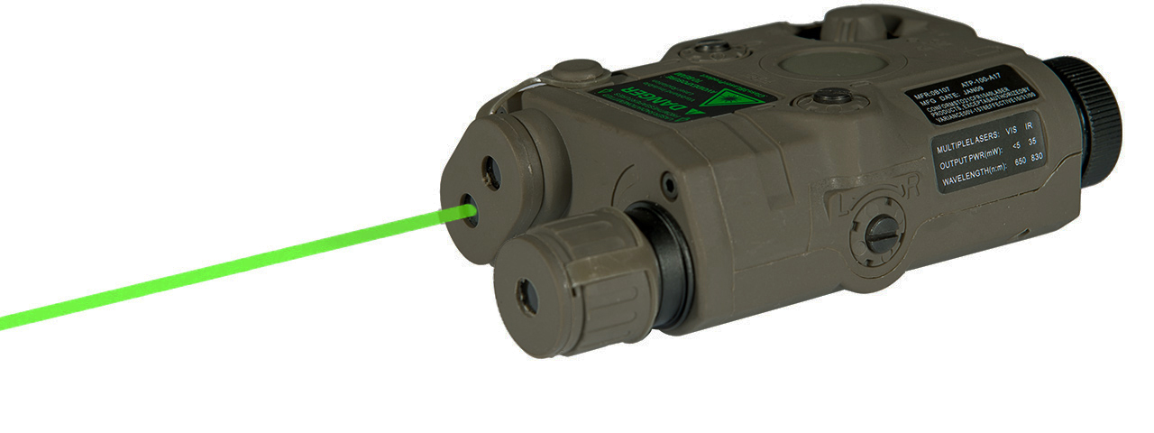 AN/PEQ-15 L.E.D. WHITE LIGHT + GREEN LASER w/IR LENS (BODY COLOR: FOLIAGE GREEN) - Click Image to Close