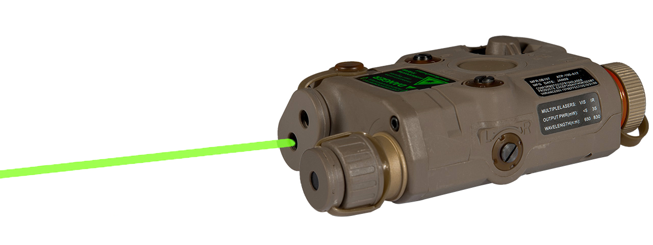 AN/PEQ-15 L.E.D. WHITE LIGHT + GREEN LASER w/IR LENS (BODY COLOR: DARK EARTH) - Click Image to Close