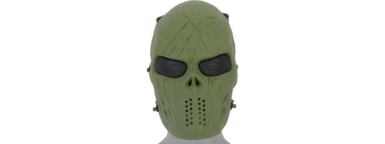 UK ARMS AIRSOFT VILLAIN SKULL FULL FACE MESH MASK - OD GREEN - Click Image to Close