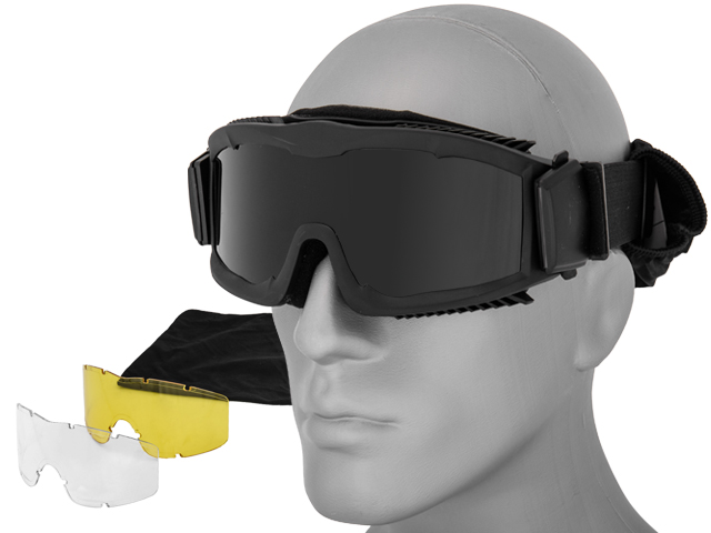 Lancer Tactical CA-223B Airsoft Safety Mask Vented with Multi Lens Kit - Black Frame / Smoke, Clear and Yellow Lens