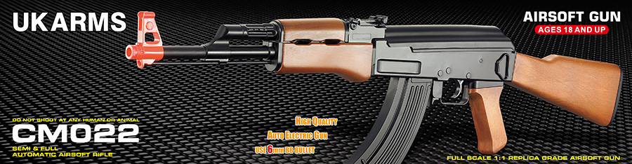 CM022 ABS PLASTIC AK47 AEG AIRSOFT RIFLE - (BLACK/FAUX WOOD) - Click Image to Close