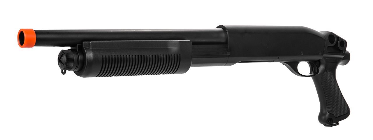 LANCER TACTICAL M870 FULL METAL 3-ROUND BURST PISTOL GRIP AIRSOFT SHOTGUN (BLACK) - Click Image to Close