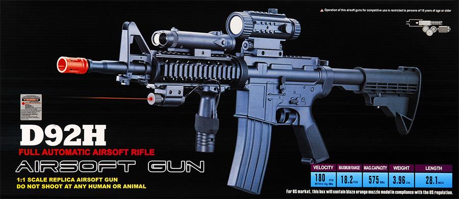 Well D92H M4 RIS Auto Electric Gun Plastic Gear w/ Flashlight, Laser, Scope, Vertical Grip, Adjustable LE Stock