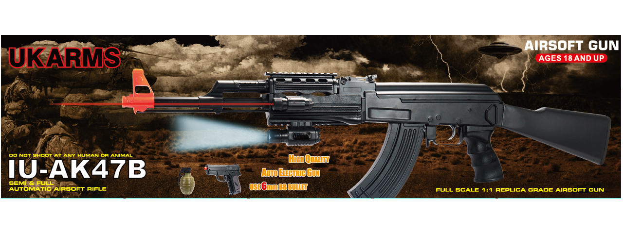 CYMA IU-AK47B TACTICAL AK47 AEG PLASTIC GEAR w/LASER, FLASHLIGHT, P618 PISTOL & 700-RD GRENADE BBs (COLOR: BLACK)