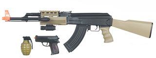 CYMA IU-AK47T TACTICAL AK47 AEG PLASTIC GEAR w/LASER, FLASHLIGHT, P618 PISTOL & 700-RD GRENADE BBs (COLOR: DARK EARTH & BLACK)