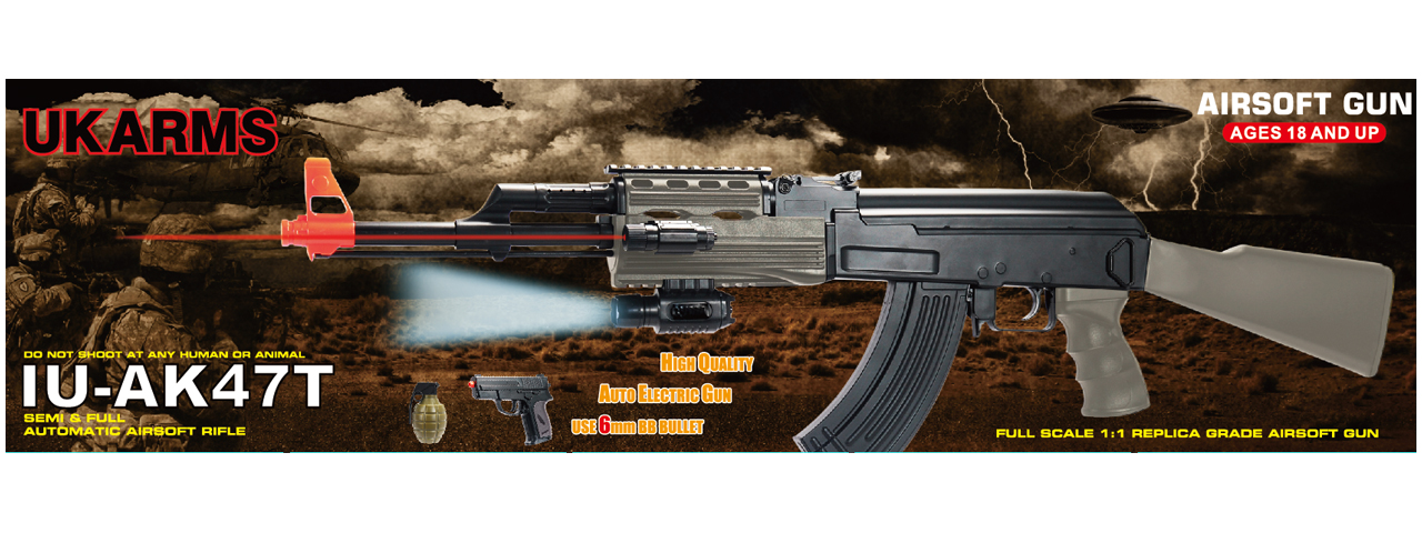 CYMA IU-AK47T TACTICAL AK47 AEG PLASTIC GEAR w/LASER, FLASHLIGHT, P618 PISTOL & 700-RD GRENADE BBs (COLOR: DARK EARTH & BLACK) - Click Image to Close