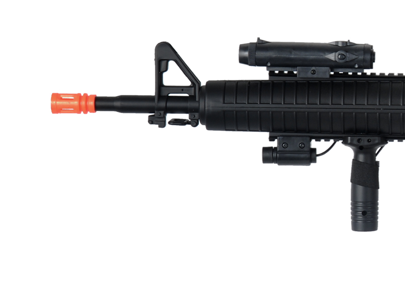 Well Fire M16A3 Spring Powered M4 Rifle w/ Laser, Flashlight, and Vertical Grip (Color: Black) - Click Image to Close